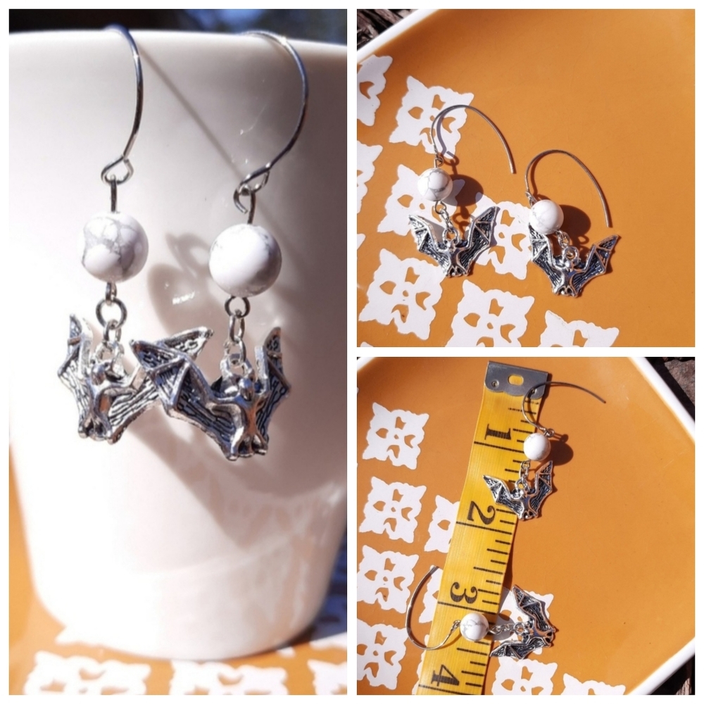 White Howlite Bat Earrings & Wing Skull Earrings Bundle - Picture 3 of 3